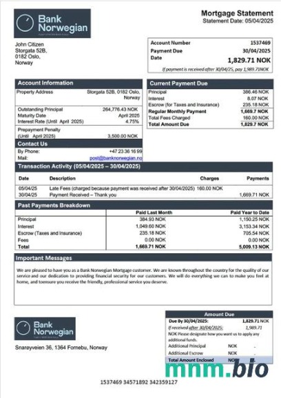 Norwegia Bank Norwegian wyciąg z kredytu hipotecznego szablon Word i PDF